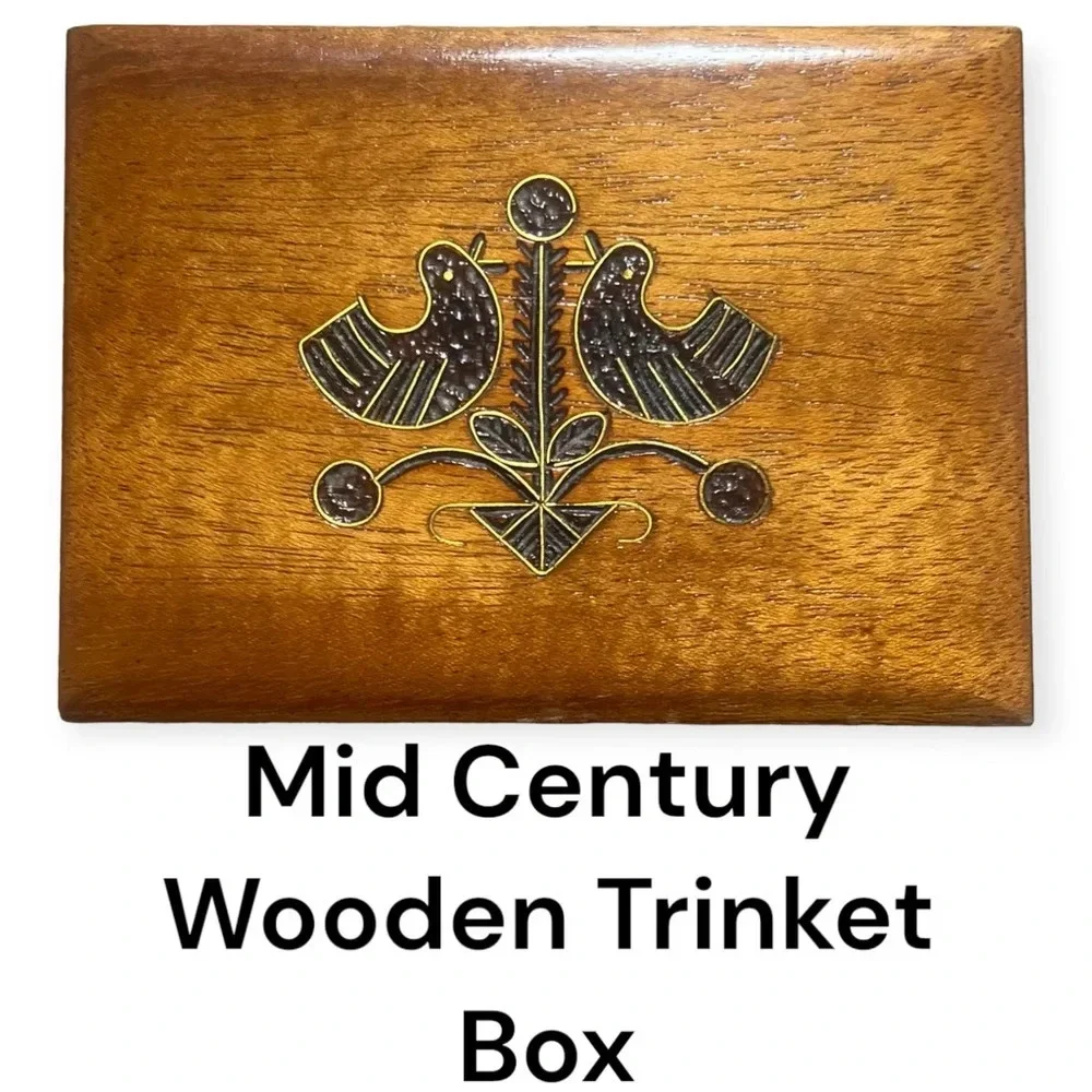Mid Century Modern Polish Folk Art trinket box with brass inlay bird carvings