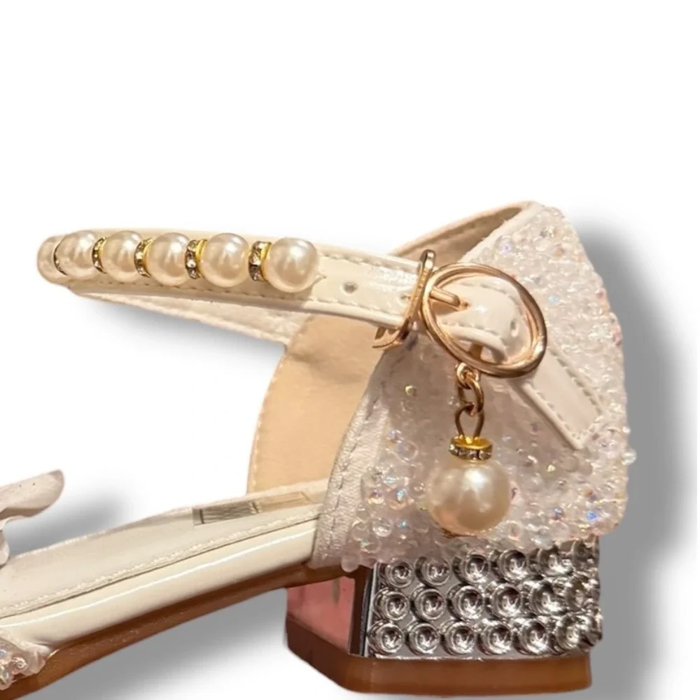 NIB SaiBeiji Kids Girls White Sparkle Bow Pearl Strap Dress Shoes Sz 11.5