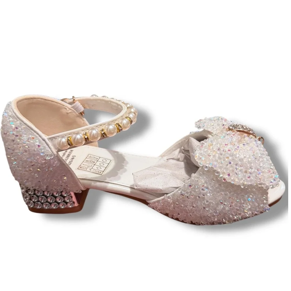 NIB SaiBeiji Kids Girls White Sparkle Bow Pearl Strap Dress Shoes Sz 11.5