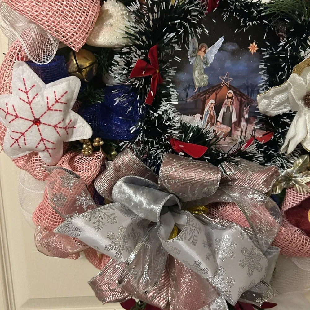 Festive Holiday Wreath with Pink and Gold Accents