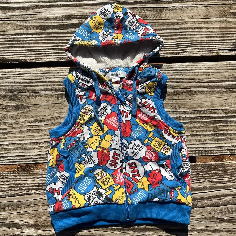 Japanese Robot Print Hooded Vest 2T | Faux Fur Lined Zip Kawaii Cartoon Toddler