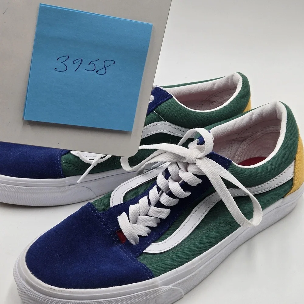 Vans Old Skool Shoes Mens Size 7.5 Green Navy Yellow Suede Canvas Skate Classic