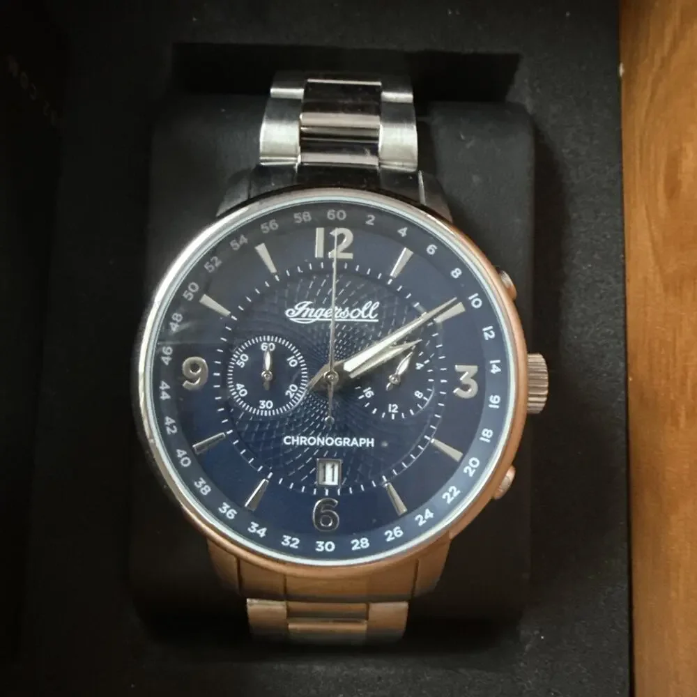 Ingersoll Grafton I00605 Men Chronograph Watch Blue Dial Stainless Steel 42MM