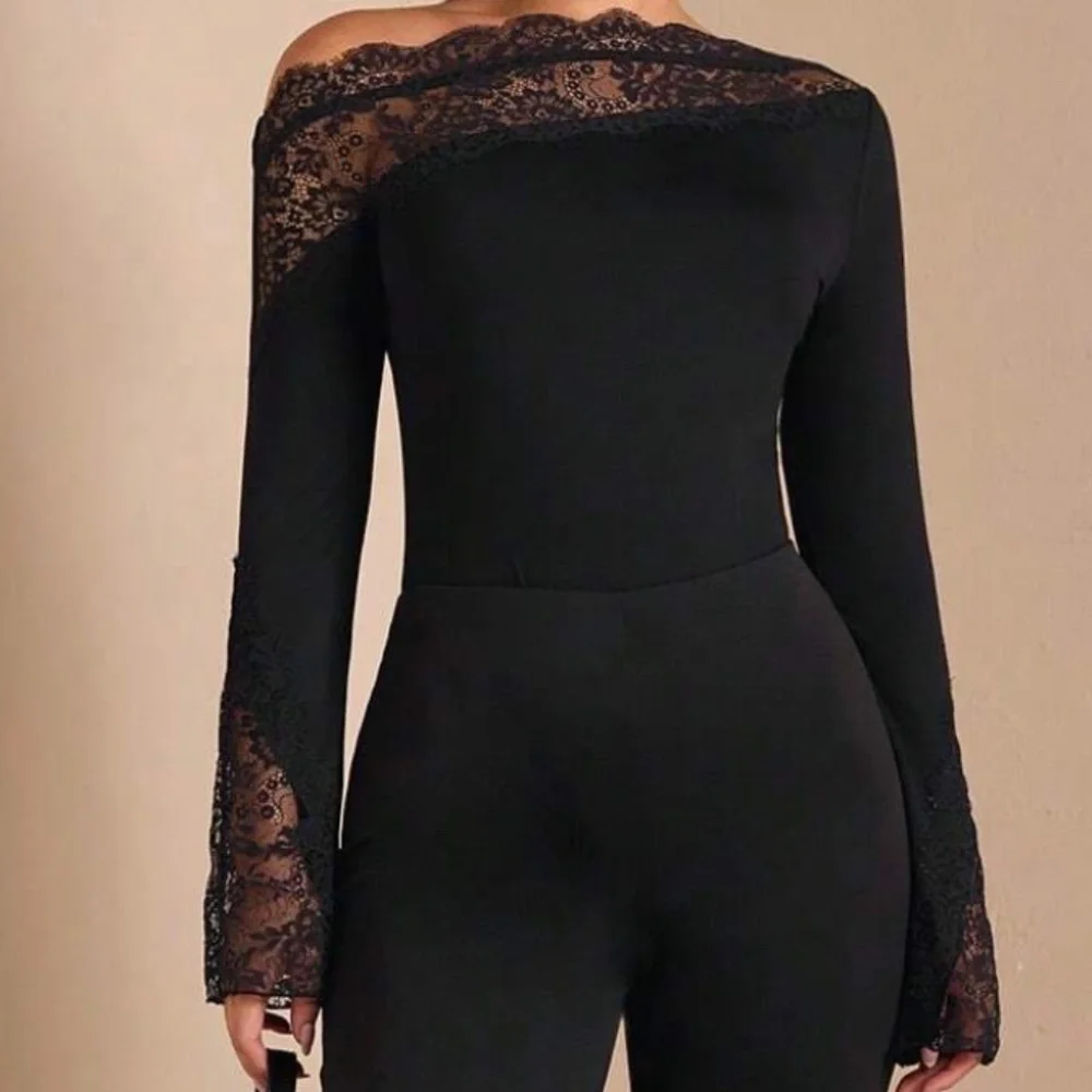 Burgundy Floral Lace One Shoulder Fitted Long Sleeve Bodysuit