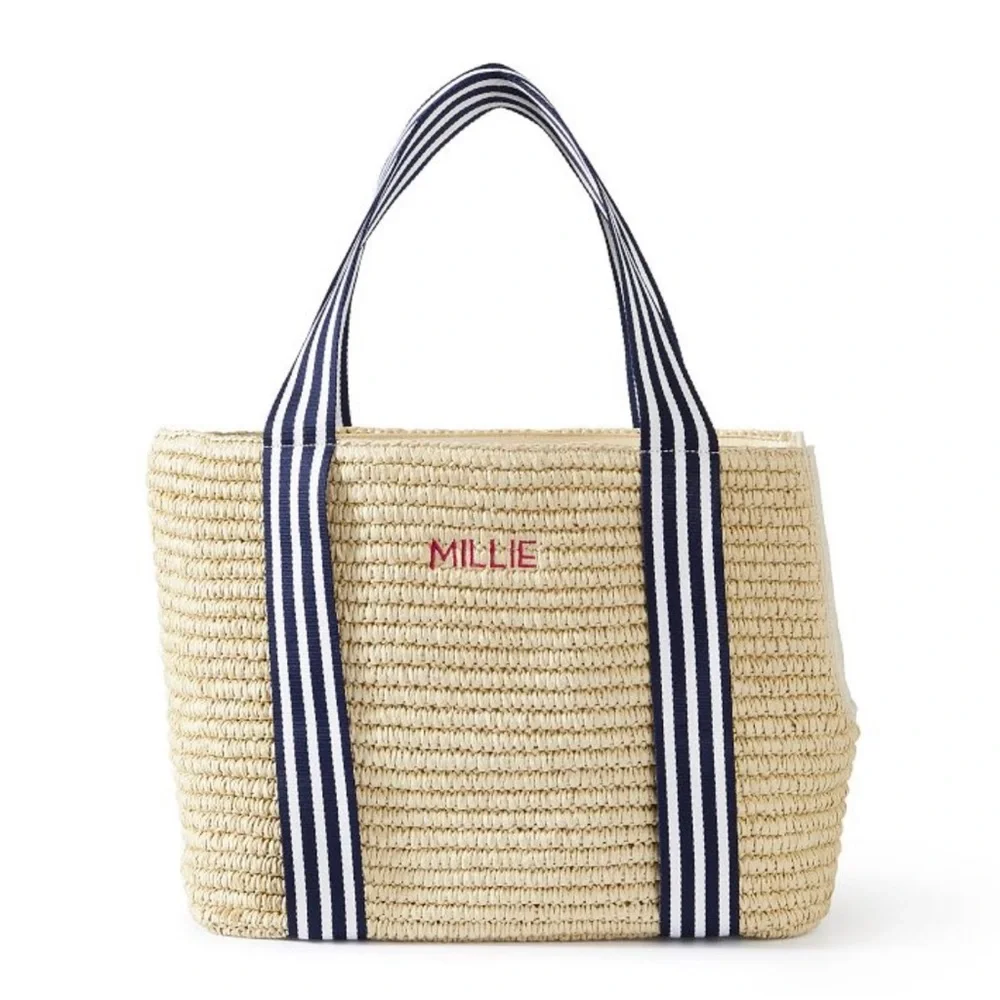 STRIPED TWILL STRAW PET TOTE ☀️🌴🏖️