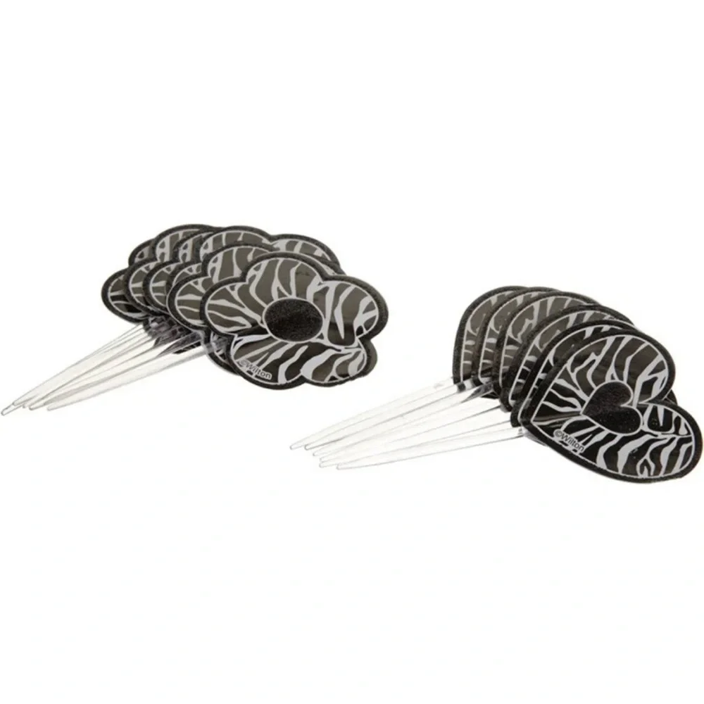 Wilton Fun Pix Zebra Print Cupcake Picks 12 Ct Hearts Flowers
