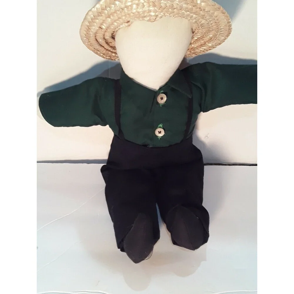 Boy With Hat Faceless Handmade Amish Cloth Dolls Large 16” Fabric Collectible