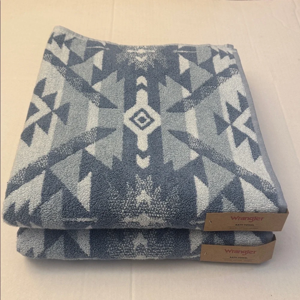 2pc WRANGLER 100% Cotton Bath Towel Set - Dakota Blue - Aztec Pattern -DNMTIDAL
