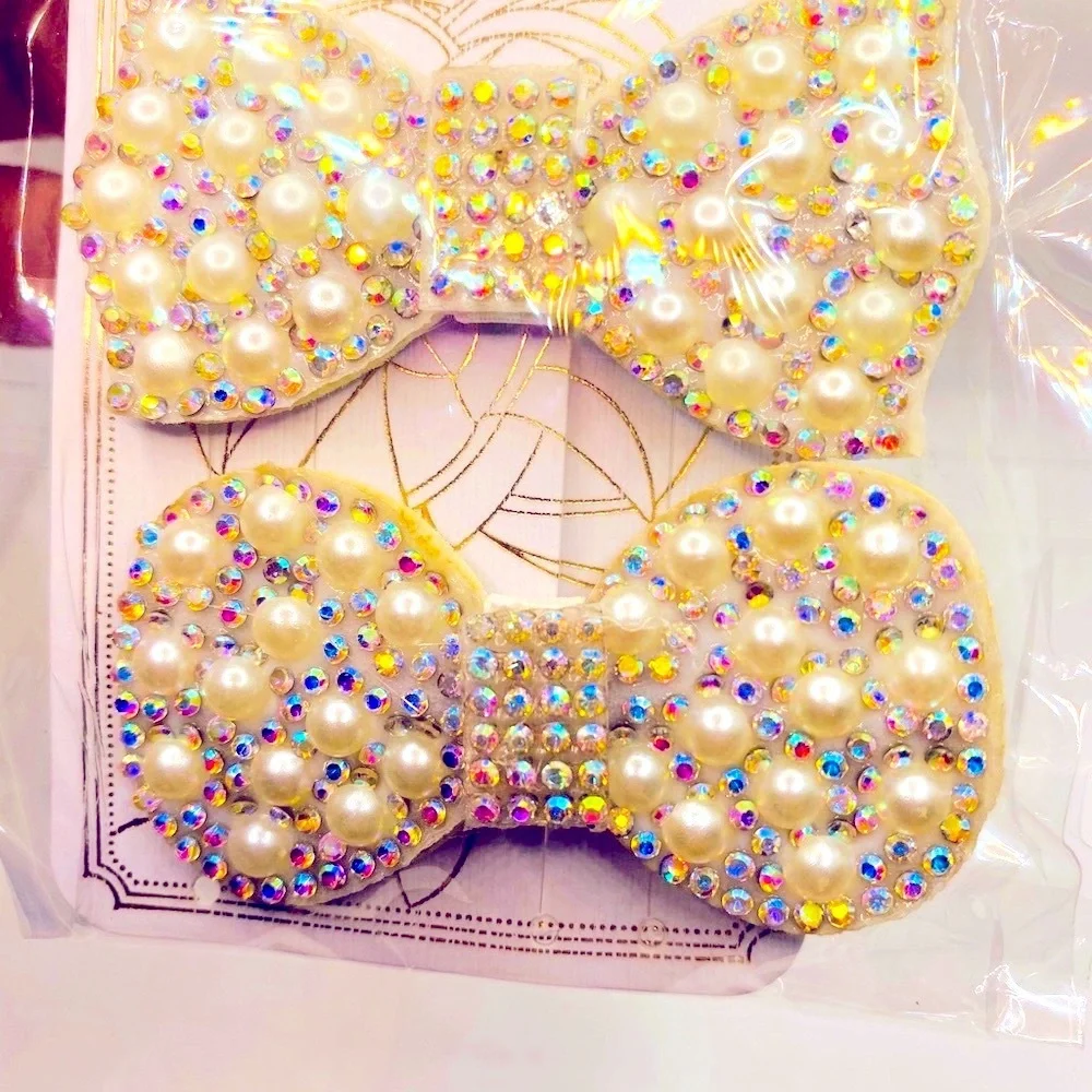 Hair barrette bow faux pearls crystals iri…