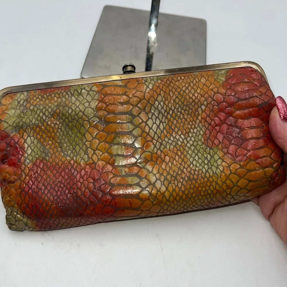 Hobo Clutch Wallet Snakeskin Print Leather Kisslock Closure