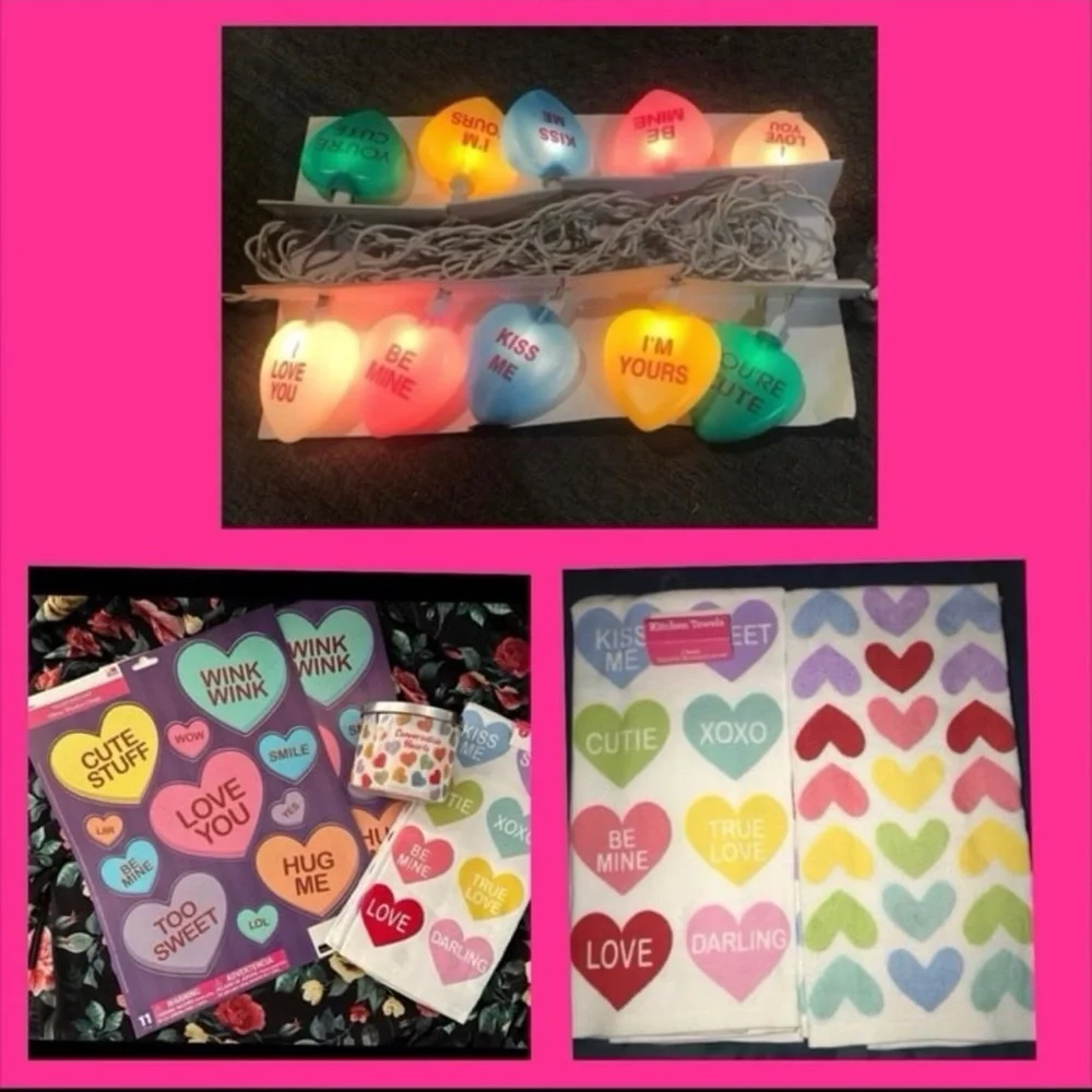 Vintage Conversation Heart string lights, soy candle, clings, & hand towel LOT