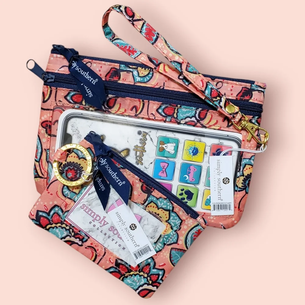 Simply Southern Coral and Navy Floral Set Key Ring ID And Wristlet Pouch NWT
