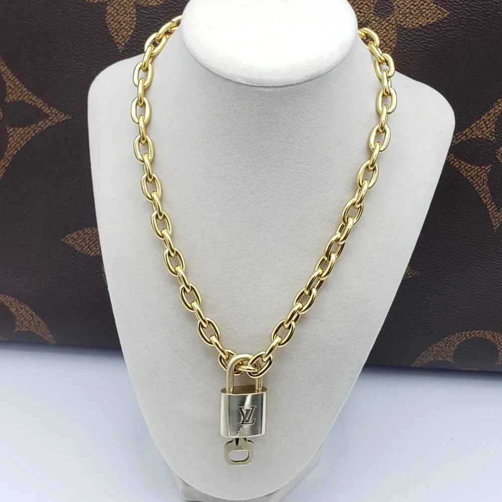 Authentic Louis Vuitton Gold Padlock w/Unbranded Stainless Steel Chain Necklace