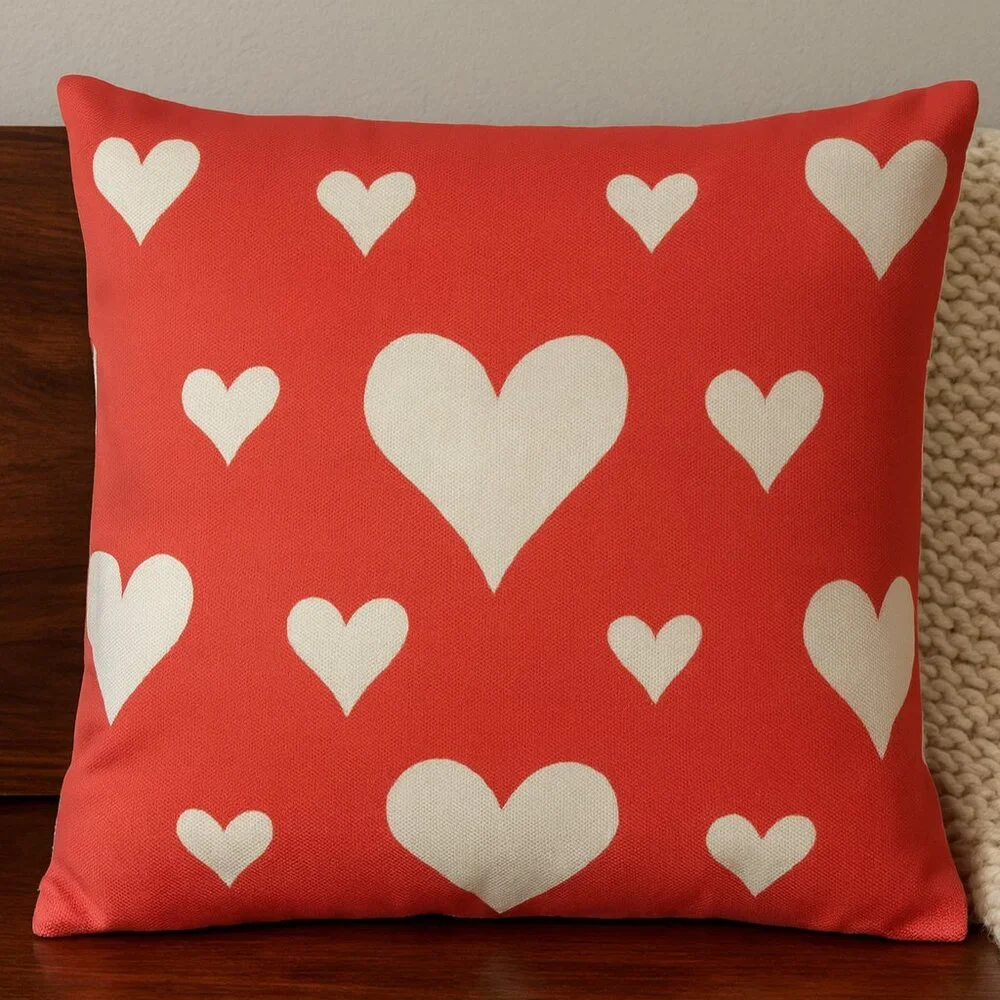 Valentine's Day Pillow Cover 18x18 Red White Hearts Rustic Linen Accent