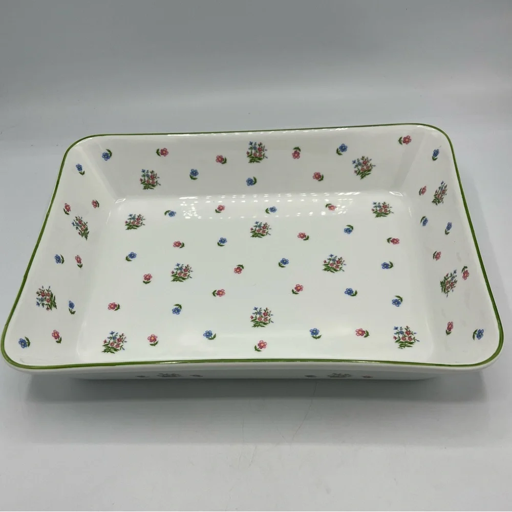 Andrea By Sadek Floral Rectangular Dish - White with Green Trim