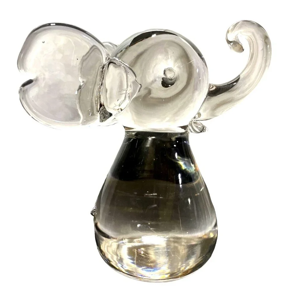 Art Glass HANDBLOWN Clear Glass Elephant Lucky Trunk up 5” Tall