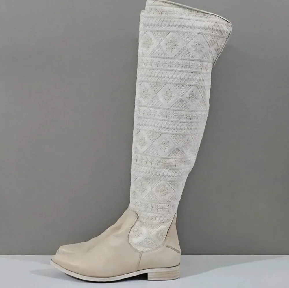 Free People Bren Knee High Boot Women EU 38.5 Cream Embroidered Boho Slouchy NEW