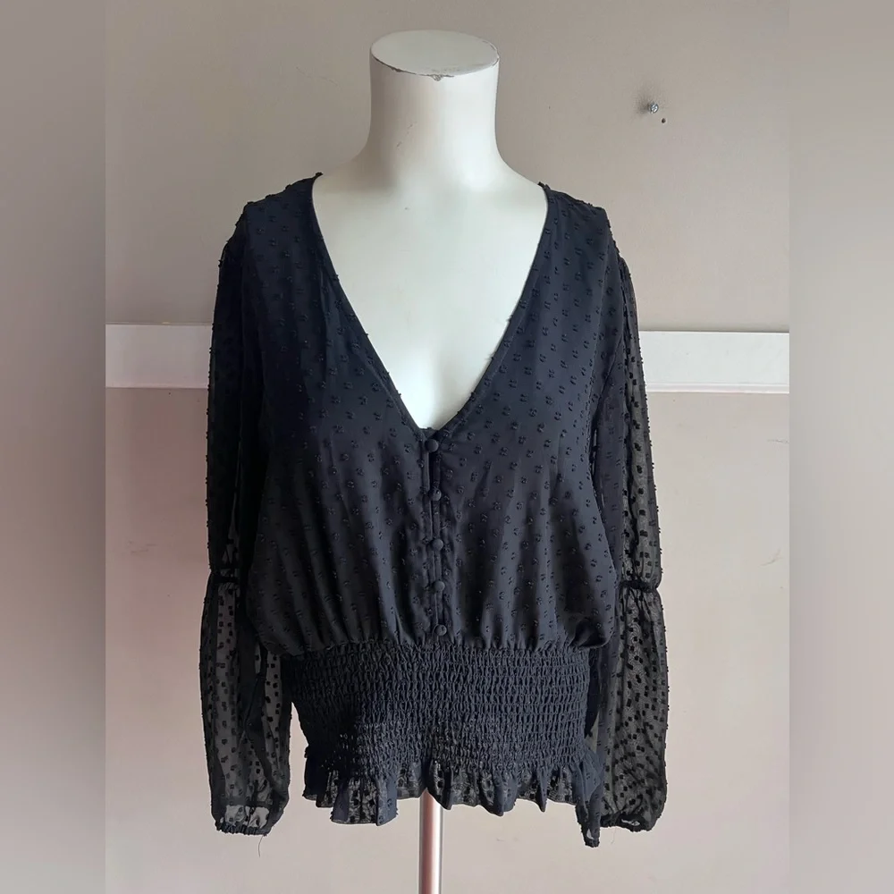 Ya Los Angeles Black Sheer Blouse with Textured Dots