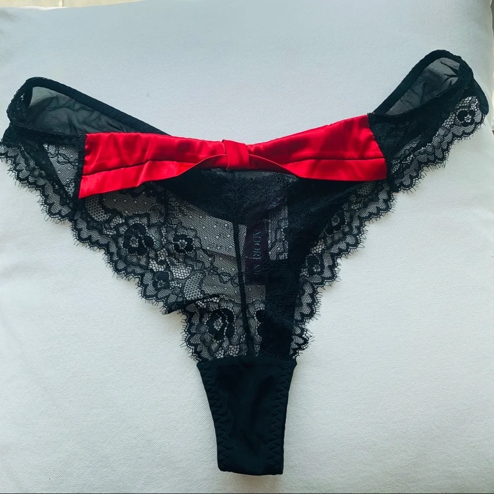 Nylon Satin Red Black Lace Women's Thongs Bikini Panties