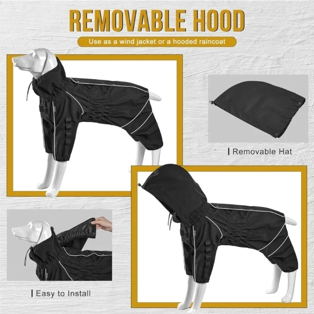 OneTigris Dog Raincoat w/ Removable Hood | Waterproof Reflective 4-Leg Jacket |s