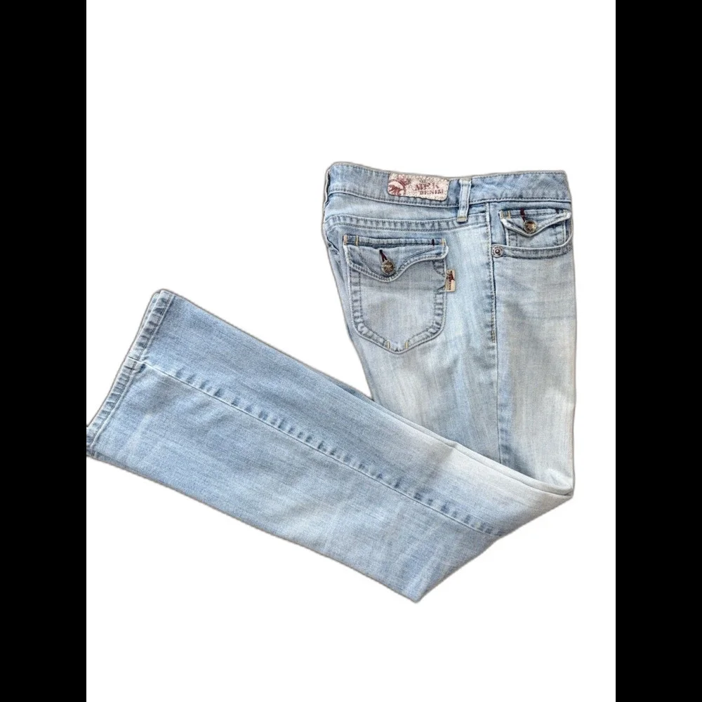 Mek Denim New York Bootcut Jeans 30x34L Light Wash Distressed Flap Pockets Y2K