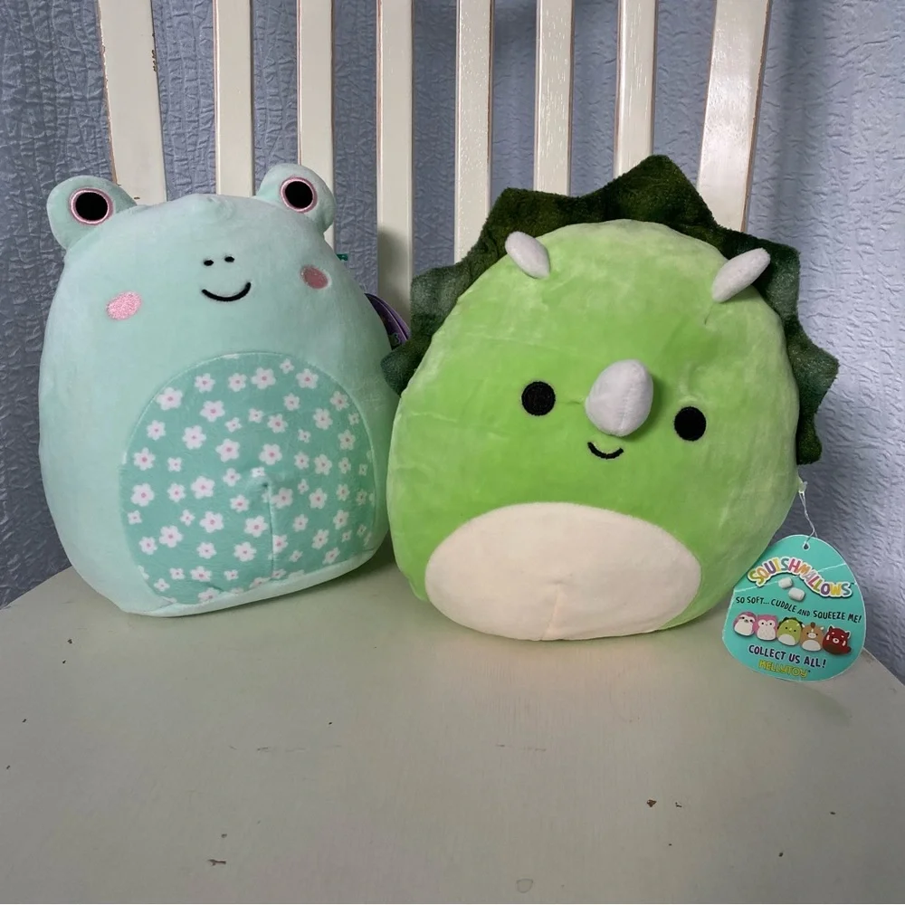 Squishmallows New Triston Green Dinosaur and Fritz Mint Green Frog Plush Set
