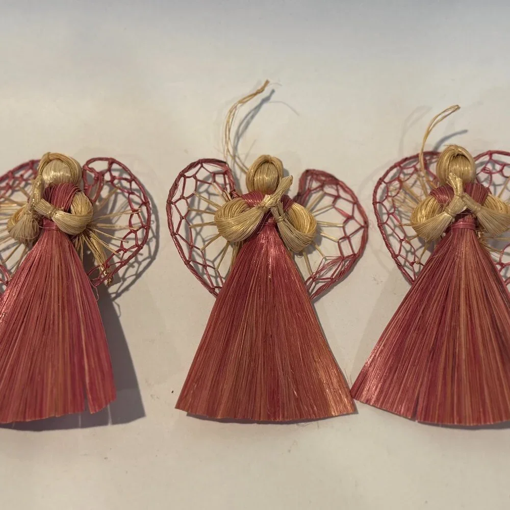 Vintage Raffia Straw Angel Ornaments Set of 3 Red & Natural Farmhouse Christmas