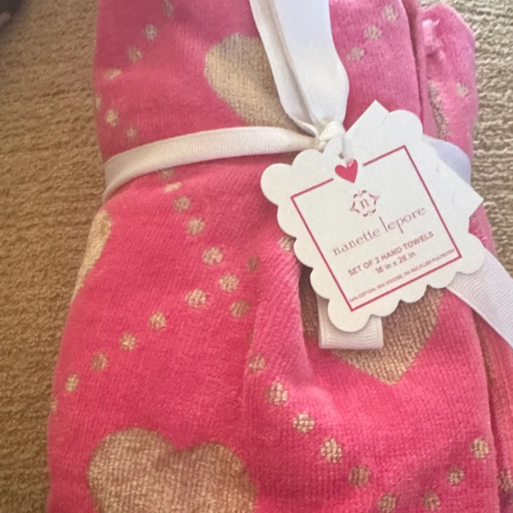 Nanette Lepore Pink and Cream Heart Hand Towels