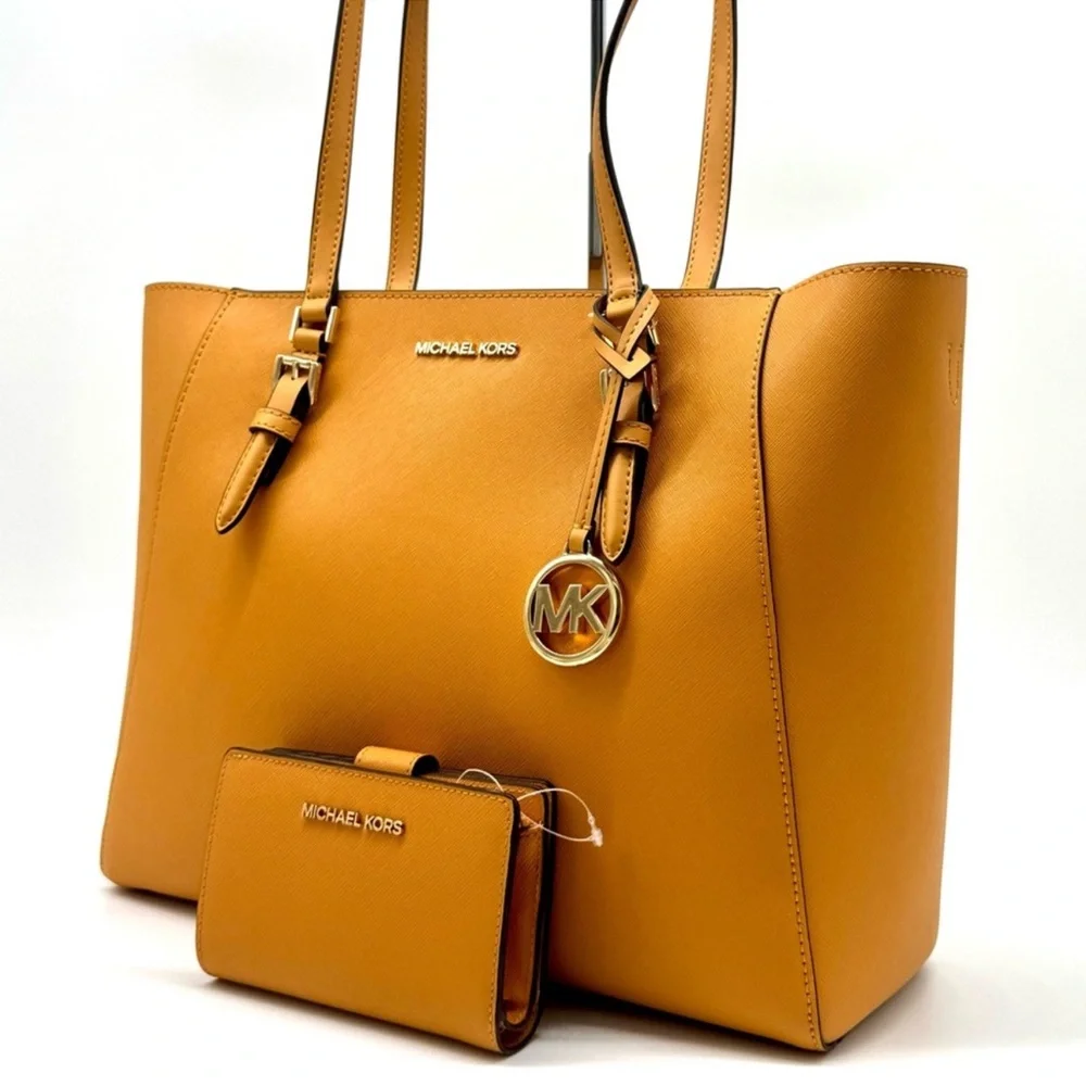 Michael Kors Charlotte LG Tote Bag 3 IN 1 Leather Tote Bag & Bifold Wallet Cider