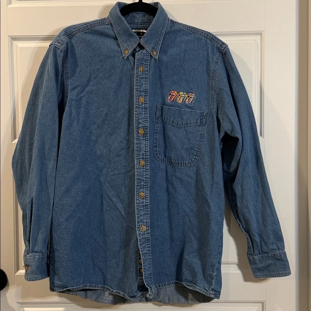Vintage Rolling Stones Denim Shirt Tour Colorful Logo Minimalist Blue Medium