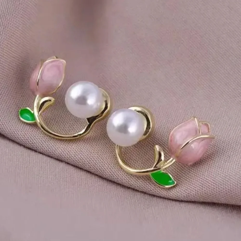Pink Tulip Flower Faux Pearl Stud Whimsical Earrings