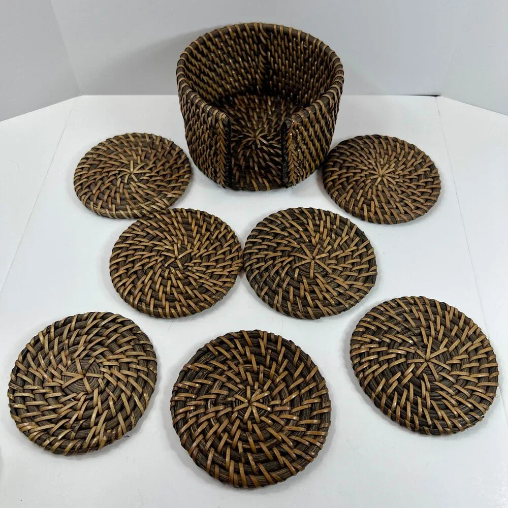 Unbranded Rattan Coaster Set Home OS Brown Excellent Woven 7pc With Holder