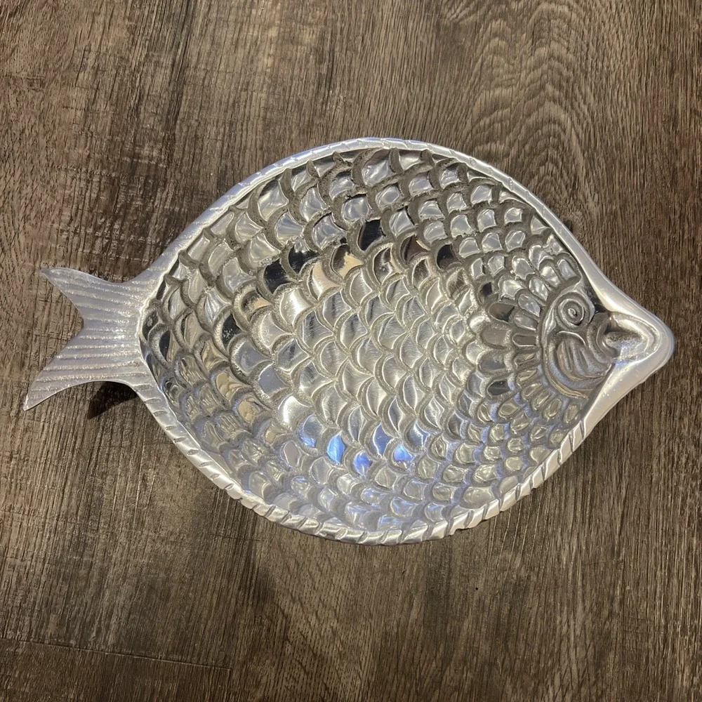 Fishy Snack Plate Shiny Aluminum Pewter Vintage 12