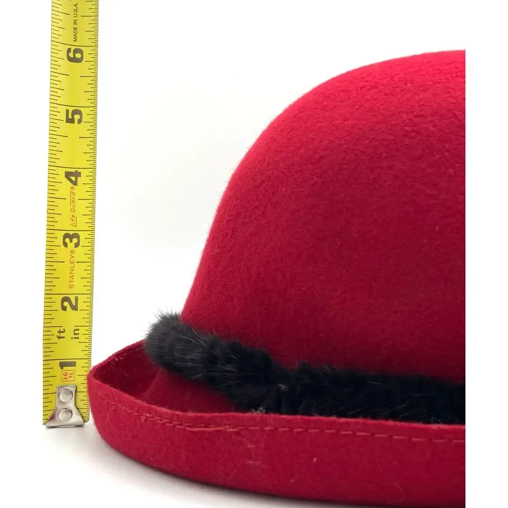 Vintage Liz Claiborne Red Wool Cloche Hat with Mink Fur Trim and Beaded Accent