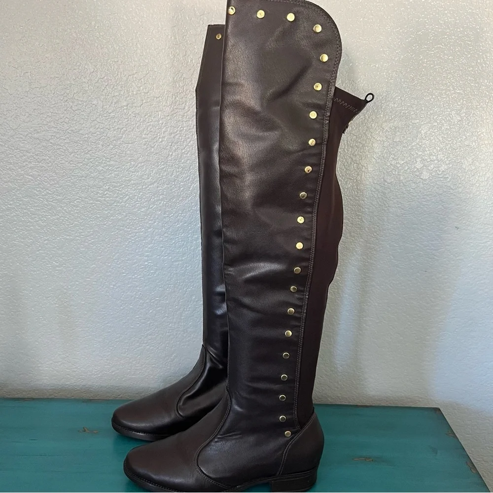 Elegant Brown Over the Knee Boots with Gold Studs