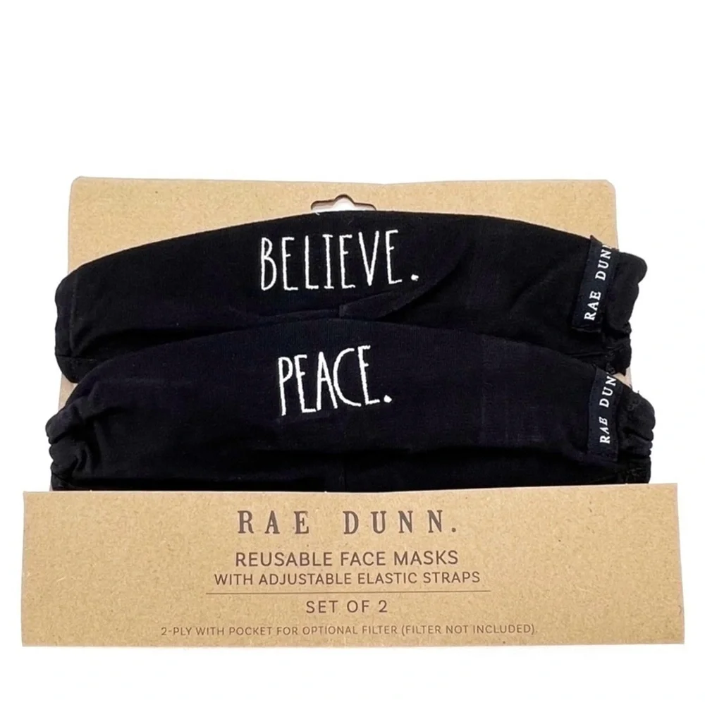 Rae Dunn Face Masks “Believe” and “Peace” Black White Christmas Holiday New NWT