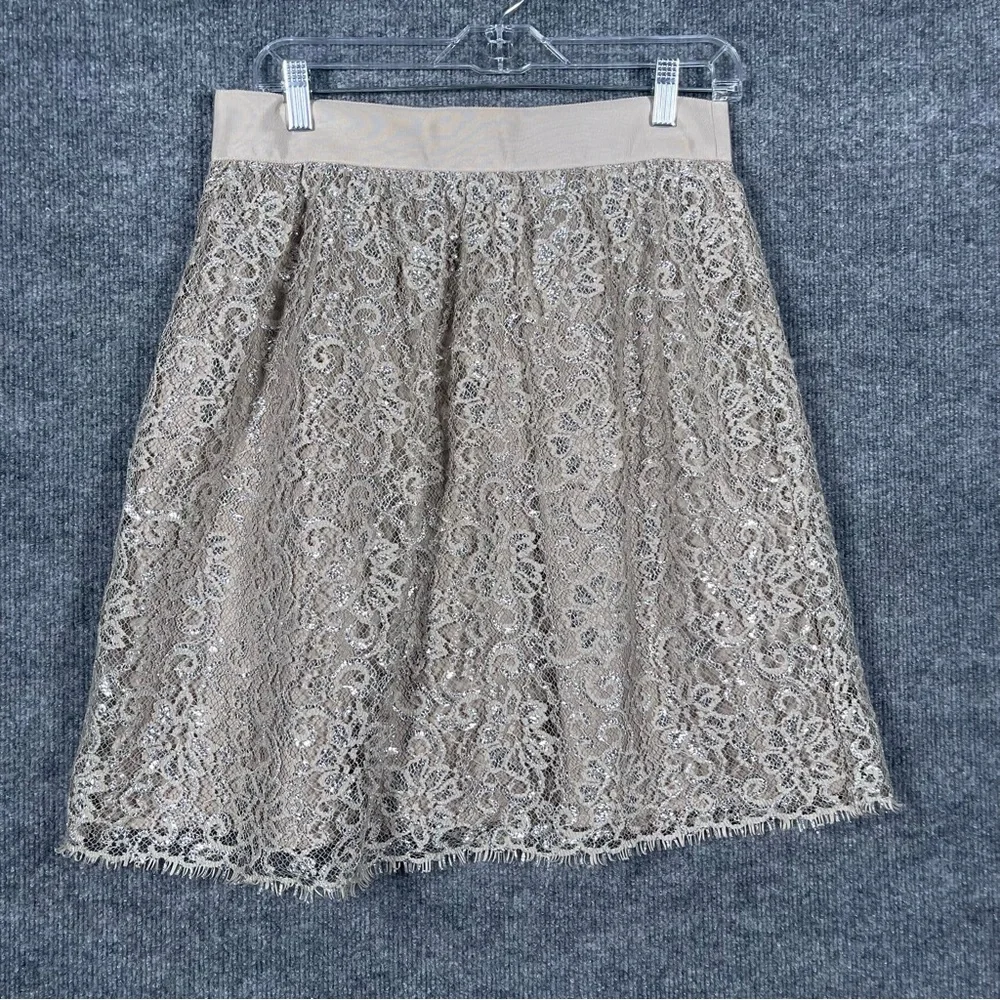 JCrew Womens 8 Tan Silver Metallic Lace Overlay Mini Skirt Party Festive Wedding