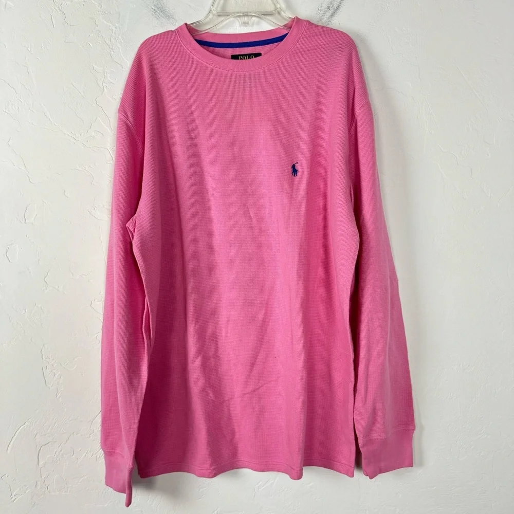 Polo Ralph Lauren Henley Shirt Knit Top Pink Waffle Knit Textured Crew Neck