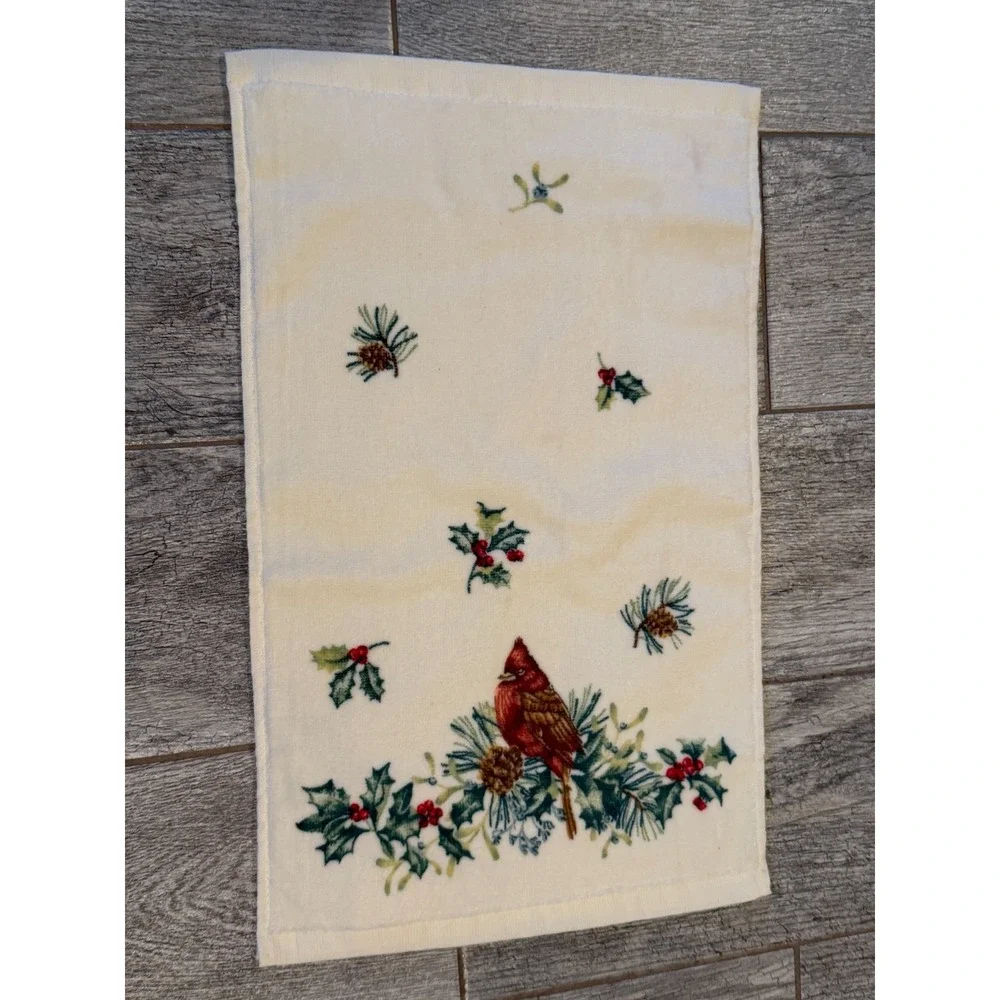 Christmas Kitchen Bath Towel Lenox Dish Hand Cardinal‎ Bird Holly Evergreen MCM