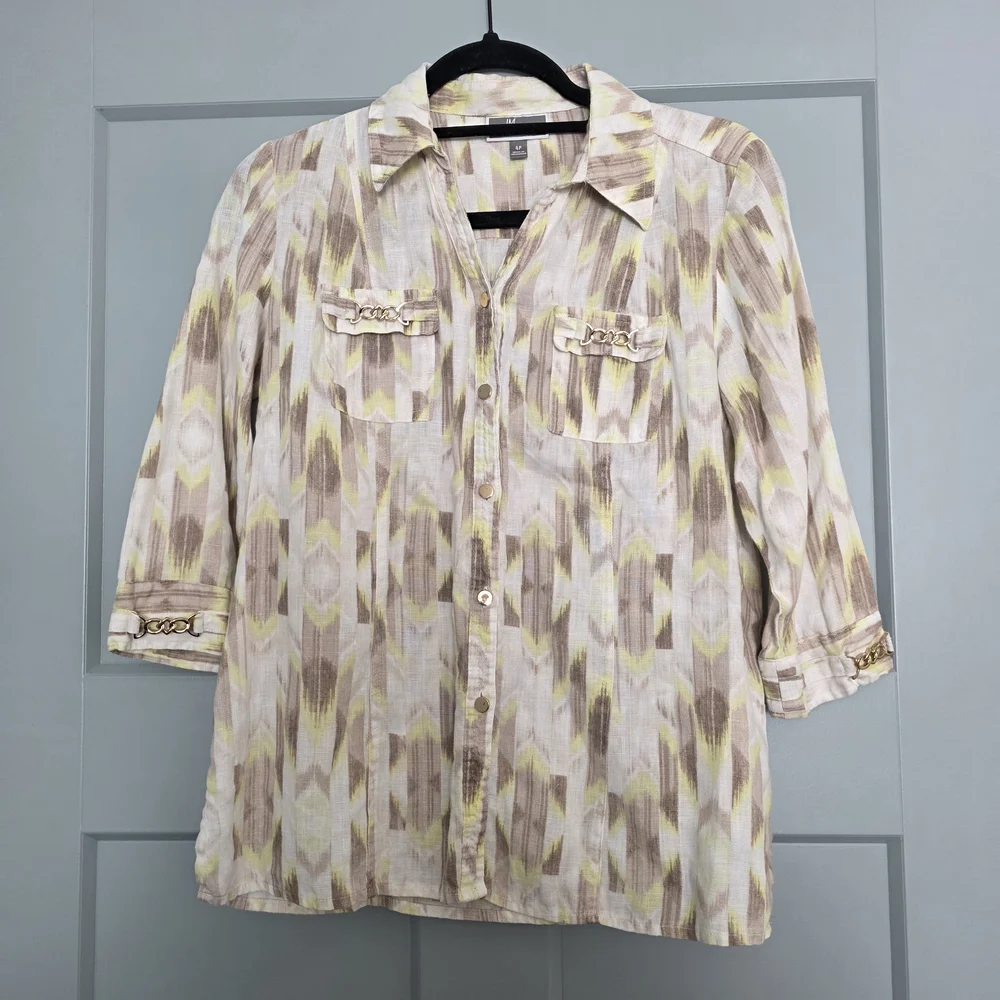 JM Collection 100% Linen Petite Button Up Blouse Neutral Lightweight Top