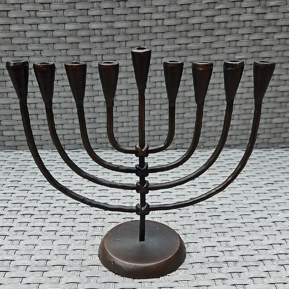 Vintage Crate&Barrel Hanukkah Jewish Menorah Antique Bronze Wrought Iron Holder