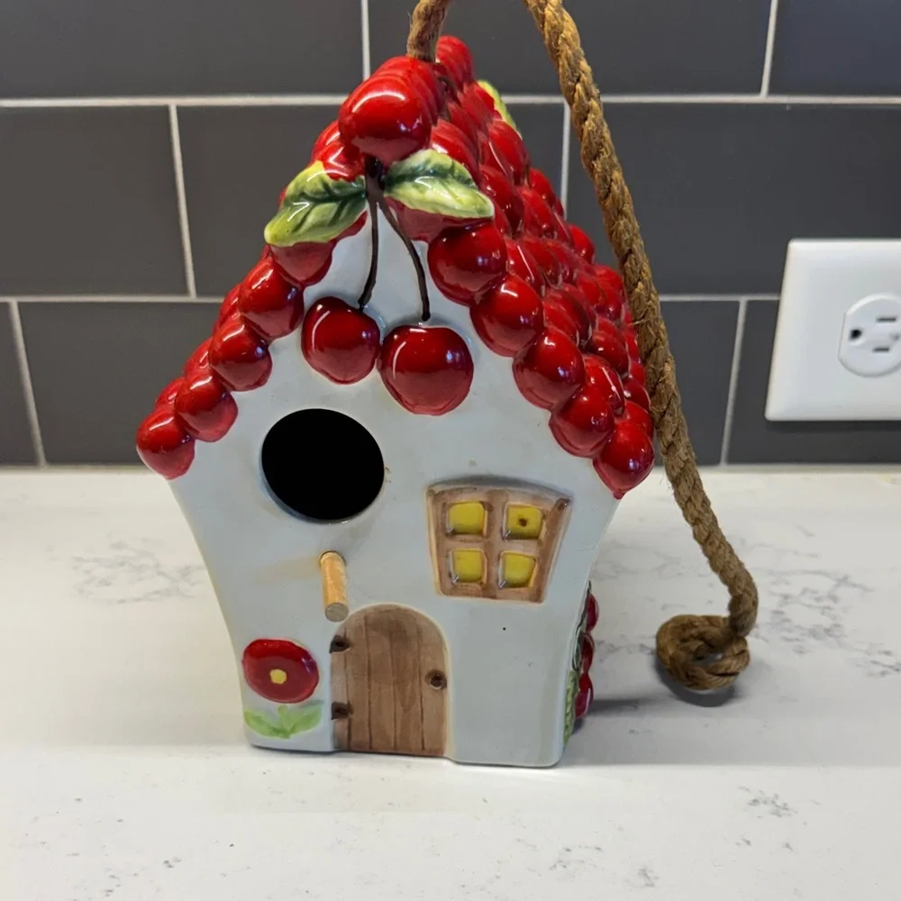 Red Cherry Birdhouse with Rope Hanger