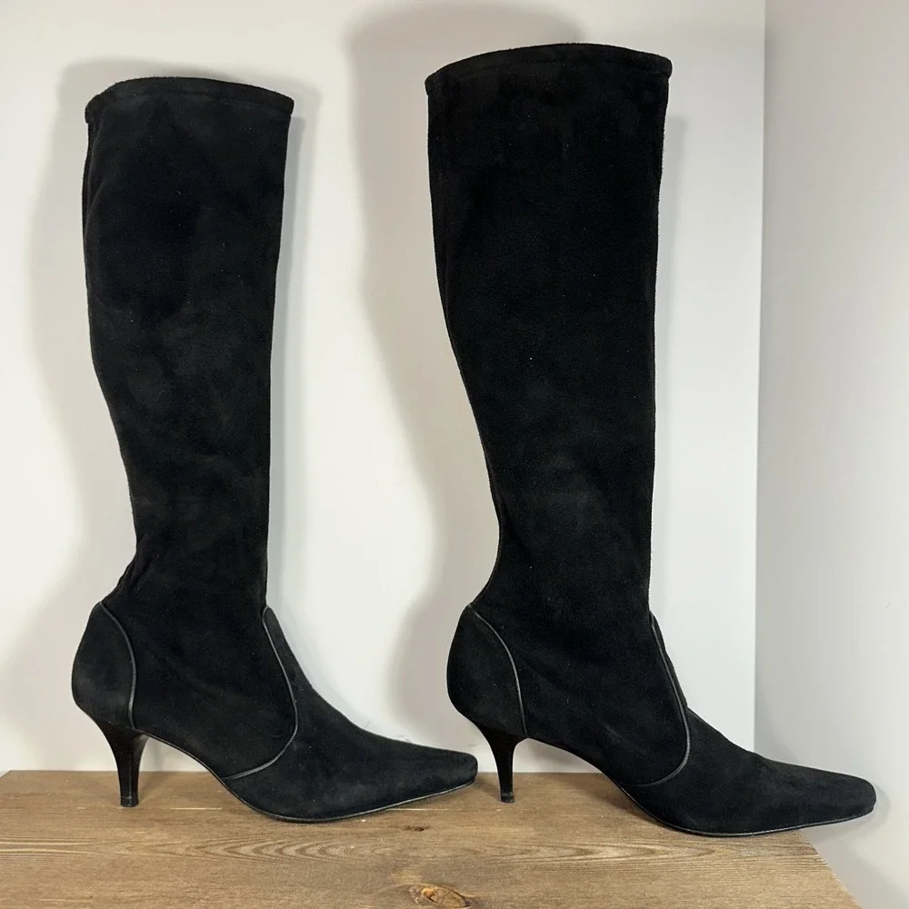 VTG Cole Haan Black Suede Knee High Sock Boots SZ 9B Kitten Heel Square Toe Chic