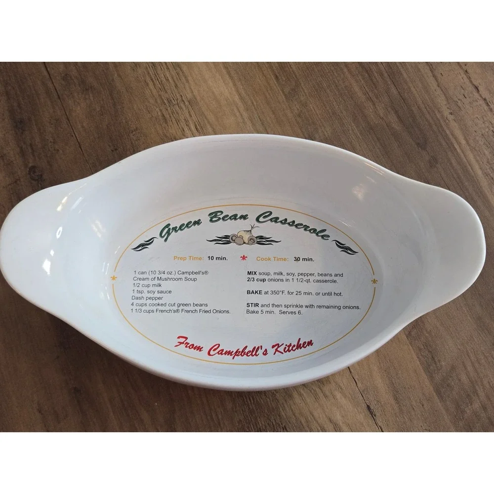 2005 Campbells Green Bean Casserole Ceramic Baking Dish w/Recipe Handles