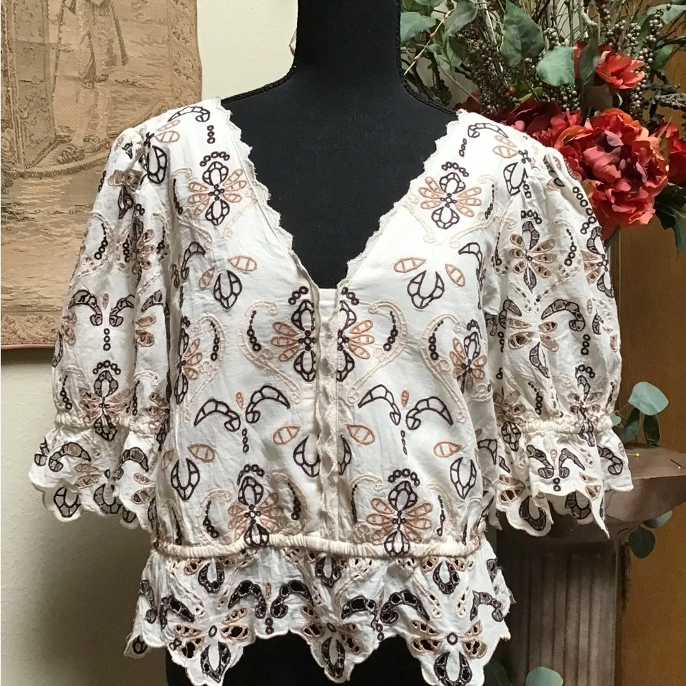 Anthropologie White and Brown Embroidered Blouse