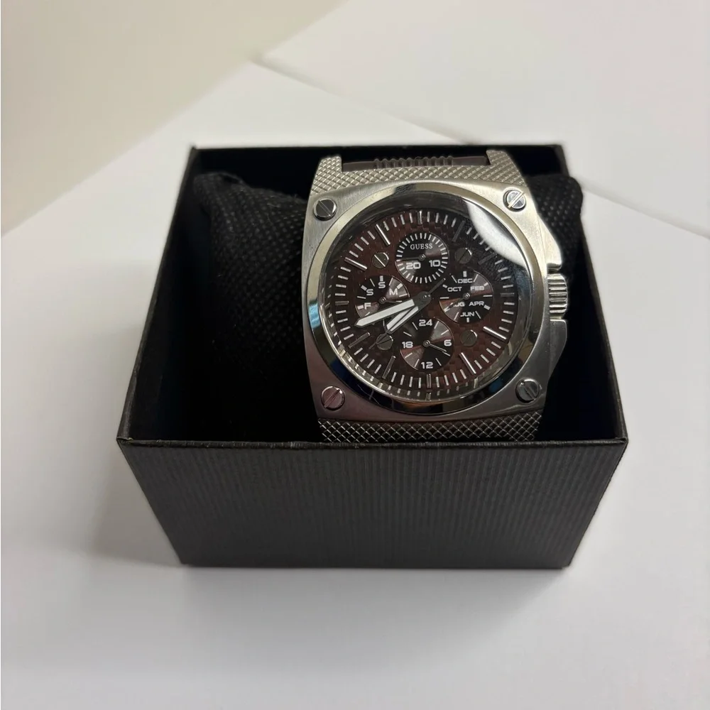 Guess Steel Men’s Multifunction Watch Brown Dial Rubber Strap
