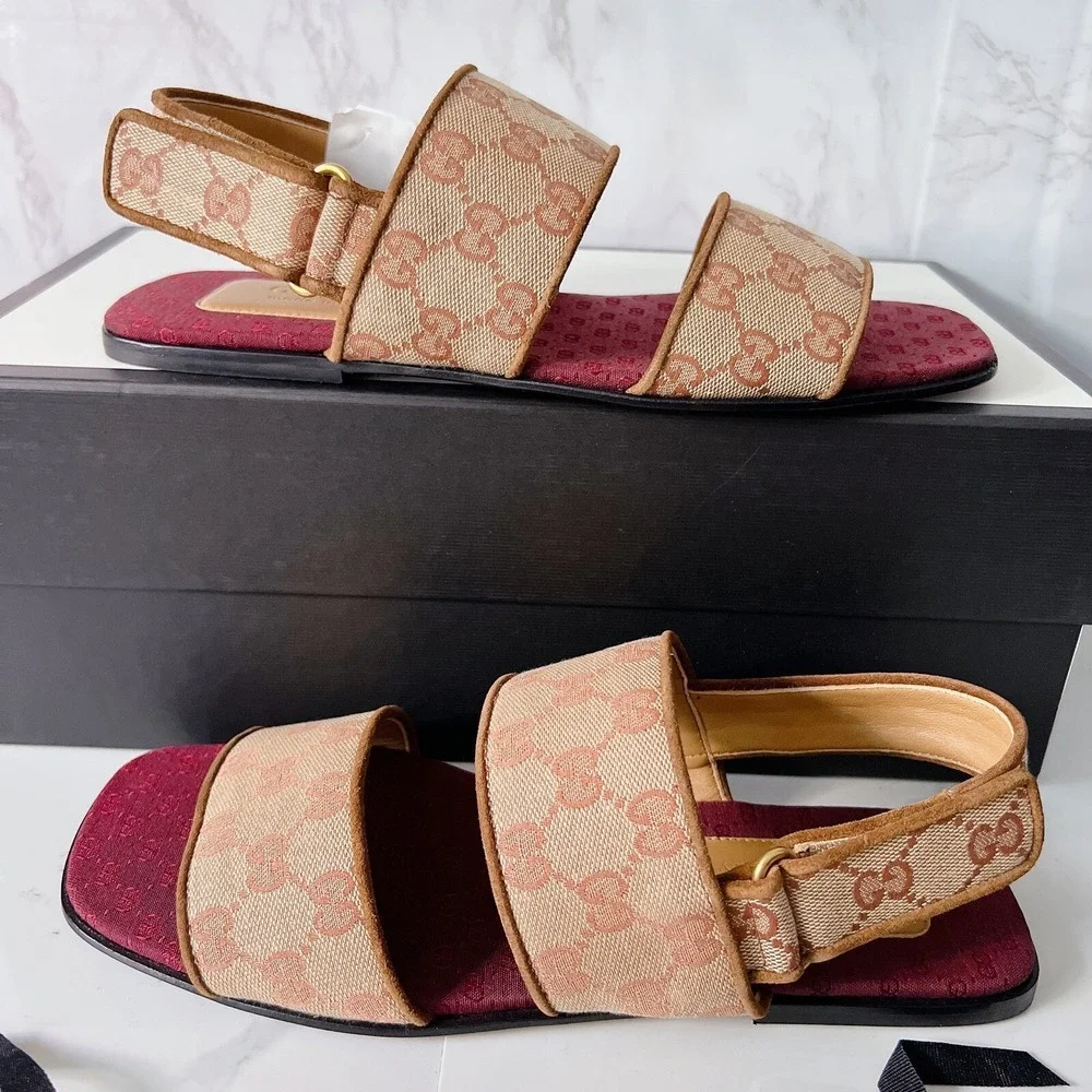 Gucci GG LOGO Monogram Wide Strap Sandal Brown/ Beige Canvas Mens UK 7.5 US 8