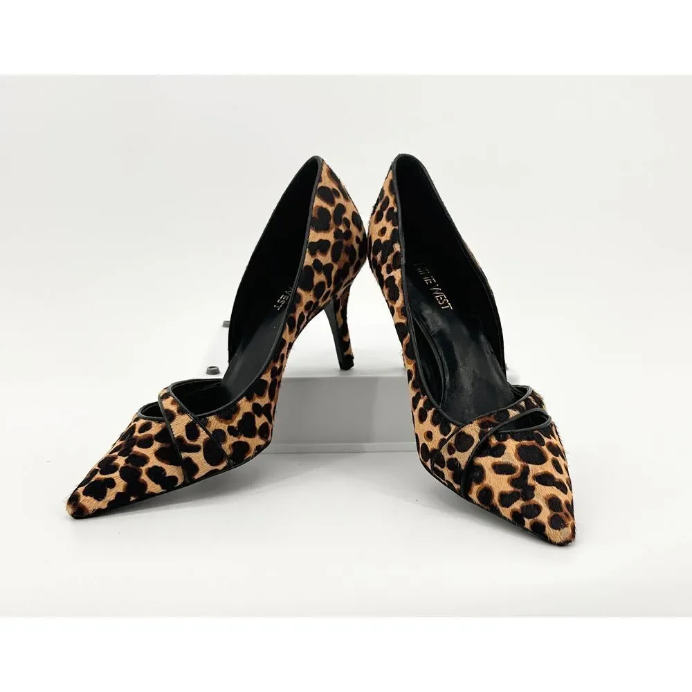 Nine West Women's Kimery Pump Sz 7.5M Pointed D'Orsay Heel Leopard Calf Hair NEW