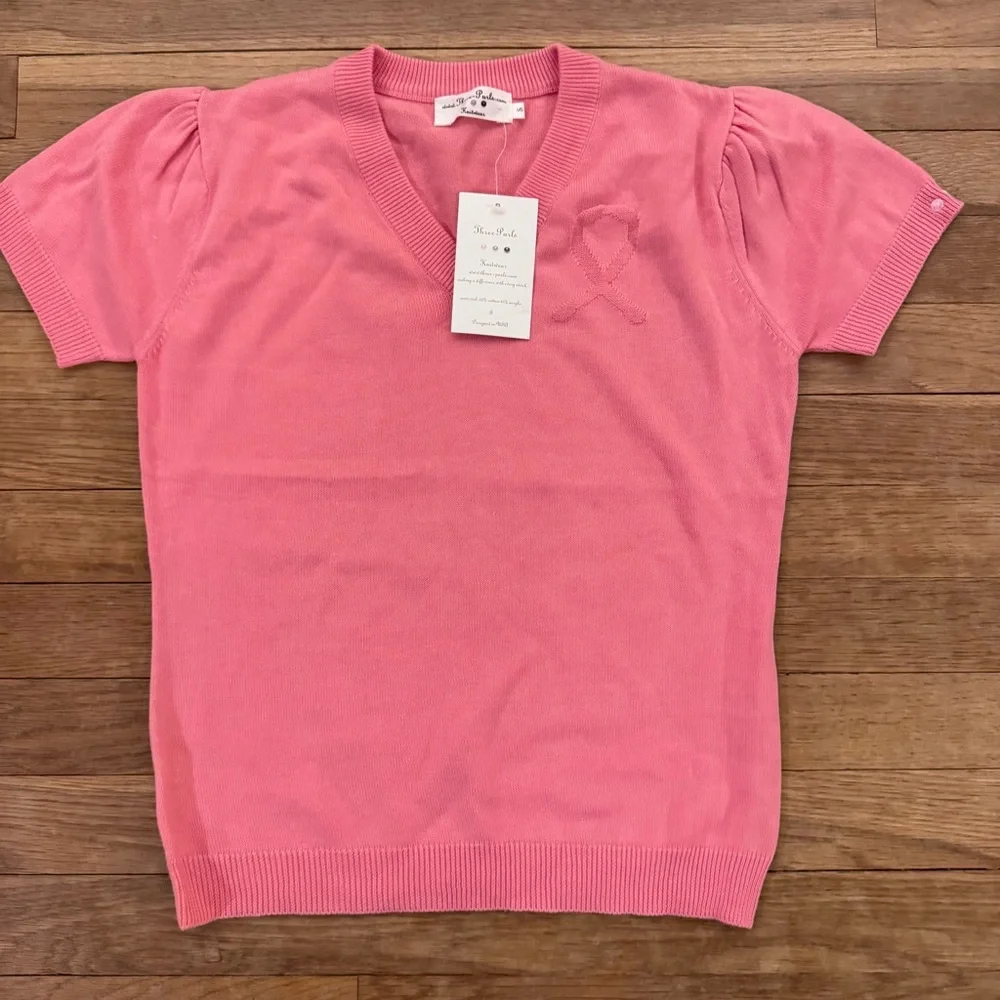 NWT Three Purls Women's Pink Breast Cancer Awareness V-Neck Sweater - Sz S  b82