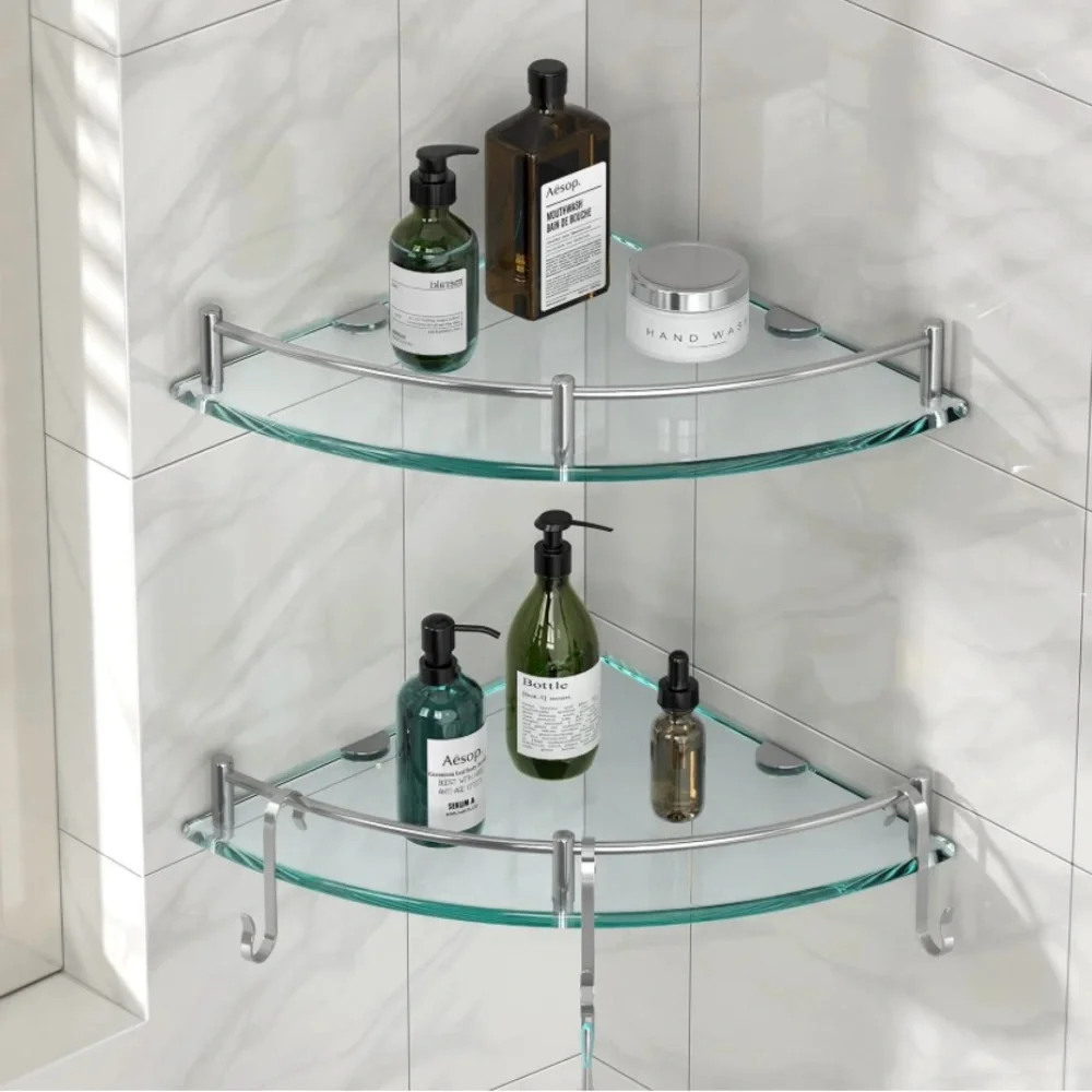 Glass Shower Corner Shelf with Silver Brackets